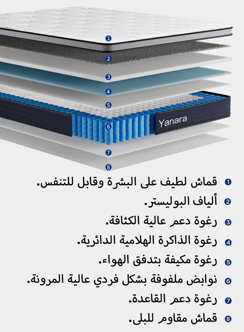 يانارا مرتبة كوين مقاس 160x200x25 سم، هجين في صندوق مع رغوة الذاكرة الهلامية وجيوب ملفوفة فردية، تخفيف الضغط ودعم الظهر، معتمدة بـ CertiPUR-US، تجربة 100 ليلة - Image 4