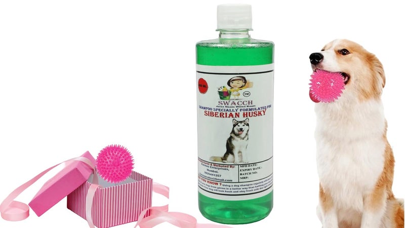 swacch Shampoo | Puppy Safe Shampoo | PH Balanced | Ditch to Itch for Siberian Husky Dog Shampoo 500ml (Neem Alovera) + Spike Ball Chew Toy Combo Pack - Image 1
