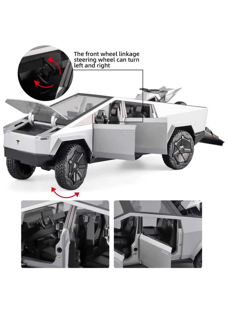 CHE ZHI 1:24 Tesla Cyber Truck Diecast Metal Model Toy Car, with Sound and Light, Pull Back, Suitable for Children and Adults  - Image 5