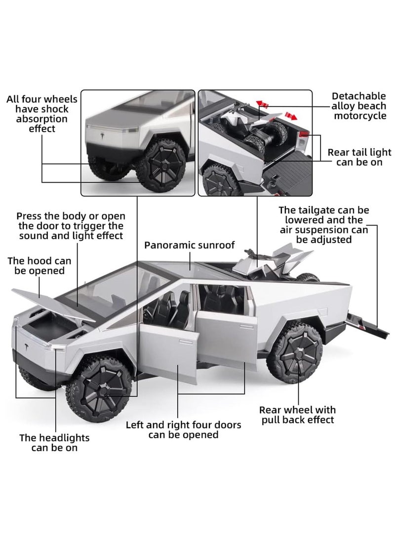 CHE ZHI 1:24 Tesla Cyber Truck Diecast Metal Model Toy Car, with Sound and Light, Pull Back, Suitable for Children and Adults  - Image 3