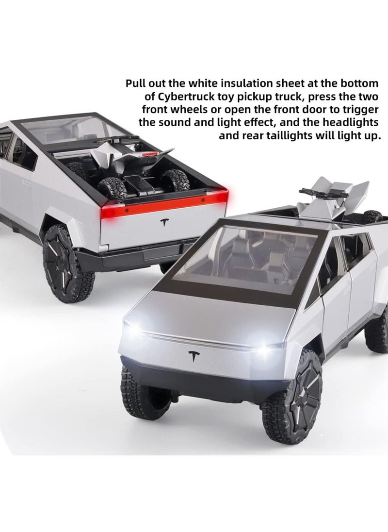 CHE ZHI 1:24 Tesla Cyber Truck Diecast Metal Model Toy Car, with Sound and Light, Pull Back, Suitable for Children and Adults  - Image 4