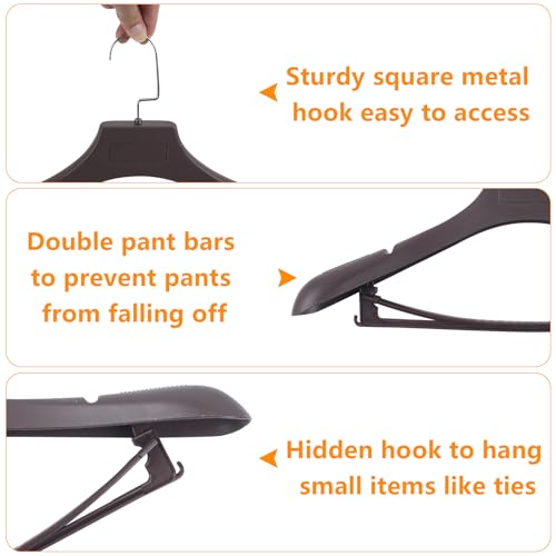 DEDU Suit Hangers for Men 15 Pack, Brown Coat Hangers Extra Wide Non Slip Width 17.7", Thick Plastic with Pants Bar & Metal Hook - Image 3