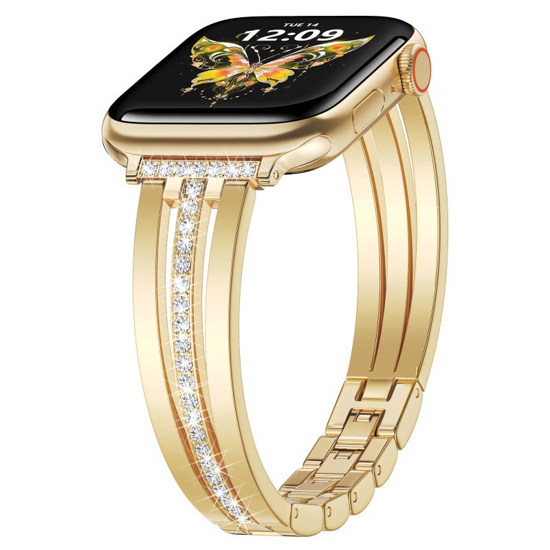 AIRSPO Slim Gold Band Compatible with Apple Watch 38mm 40mm 41mm Women Thin Metal Strap Dressy Jewelry Bracelet with Bling Diamond for iWatch Bands Series 10 9 8 7 6 5 4 3 SE, (Gold, 38mm 40mm 41mm) - Image 1