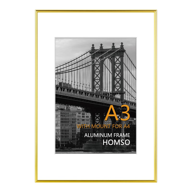 Homso A3 Frame in Gold Metal Thin Board A3 Picture Frame with Acrylic Plexiglass for Pictures A4 with Mat or 117 x 165 without Mat for Horizontal and Vertical