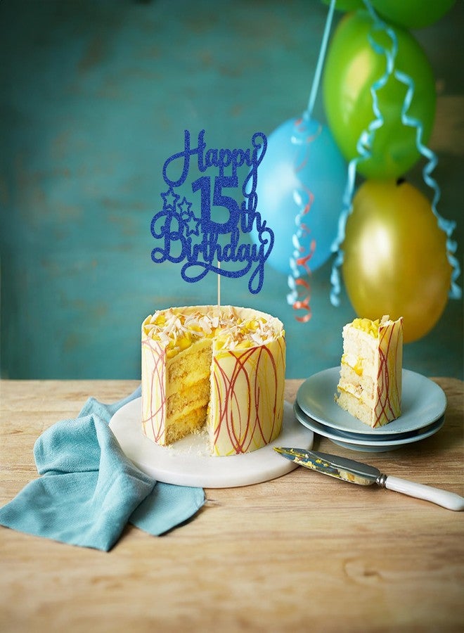 Ephlyn 1 Pack Happy 15th Birthday Cake Topper Blue Glitter Mis Quince 15 Cheers to 15 Years Old Birthday Cake Pick for Celebrating 15th Birthday Anniversary Party Cake Decorations Supplies - Image 3