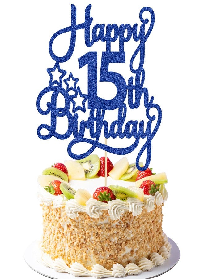 Ephlyn 1 Pack Happy 15th Birthday Cake Topper Blue Glitter Mis Quince 15 Cheers to 15 Years Old Birthday Cake Pick for Celebrating 15th Birthday Anniversary Party Cake Decorations Supplies - Image 1