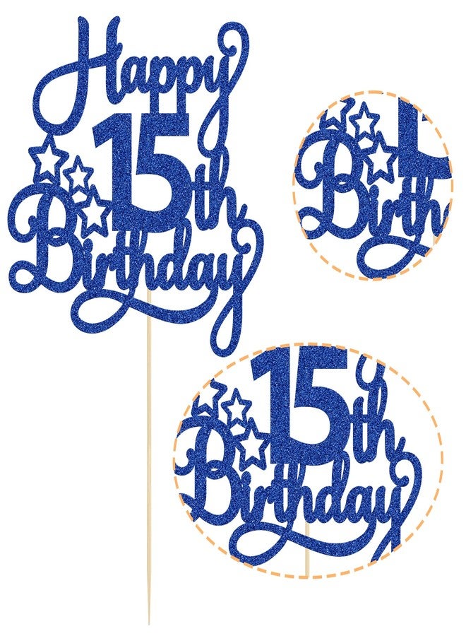 Ephlyn 1 Pack Happy 15th Birthday Cake Topper Blue Glitter Mis Quince 15 Cheers to 15 Years Old Birthday Cake Pick for Celebrating 15th Birthday Anniversary Party Cake Decorations Supplies - Image 2