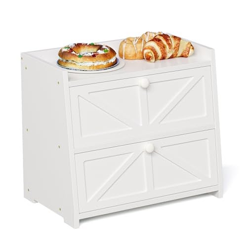 Trironsun Vintage Double Layer Bread Box for Kitchen Counter Bamboo Bread Storage Container Large Capacity Bread Storage Bin White - Image 1