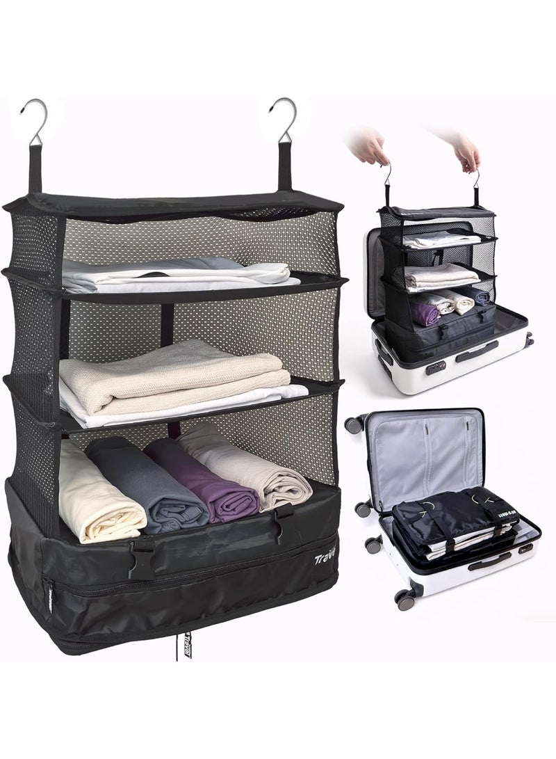 Foldable Fabric Closet Organizer – 3-Tier Clothes Storage with Side Hooks & Zipper Cover - Image 1
