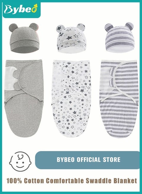 ببيو 6 قطع قماط الطفل، حقيبة نوم للأطفال مع قبعة، 100٪ تنفس القطن، 0-4 أشهر المتاحة.