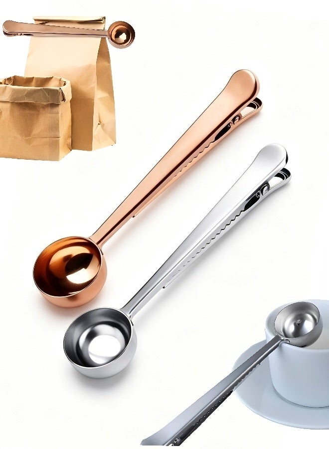 2 Pack 2-in-1 Stainless Steel Coffee Measuring Scoop with Integrated Bag Sealing Clip 15ml 1 Tablespoon Long Handle Coffee Spoon for Coffee Beans Tea Spices Baking Powder Storage Sealer - Image 1
