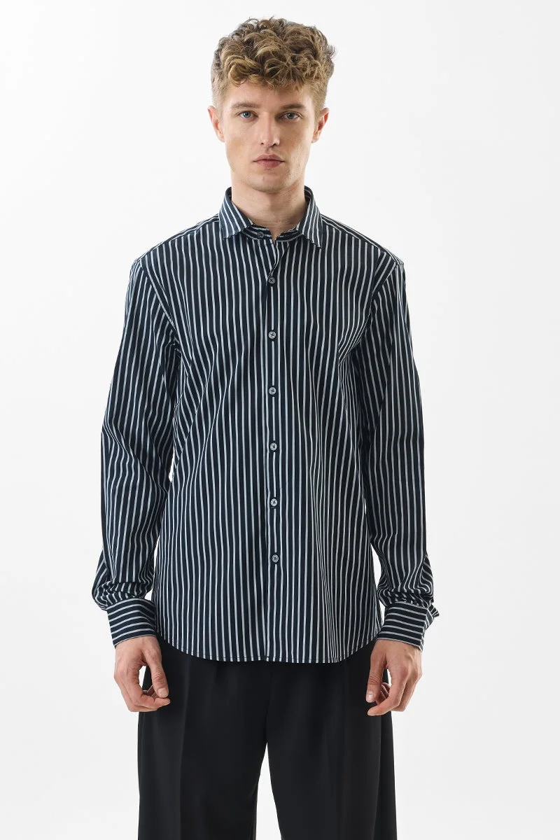 سنيتش Black Striped Long Sleeve Slim Fit Luxe Shirt