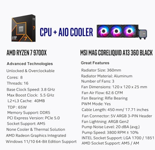 Micro Center مجموعة المعالج والسائل المبرد من مايكرو سنتر - معالج AMD Ryzen 7 9700X مع مبرد السائل MSI MAG Coreliquid A13 360 AIO ARGB، مبرد سائل للمعالج مع مشع 360 مم، متوافق مع LGA 1700/1851 / AM5/ AM4 - Image 2