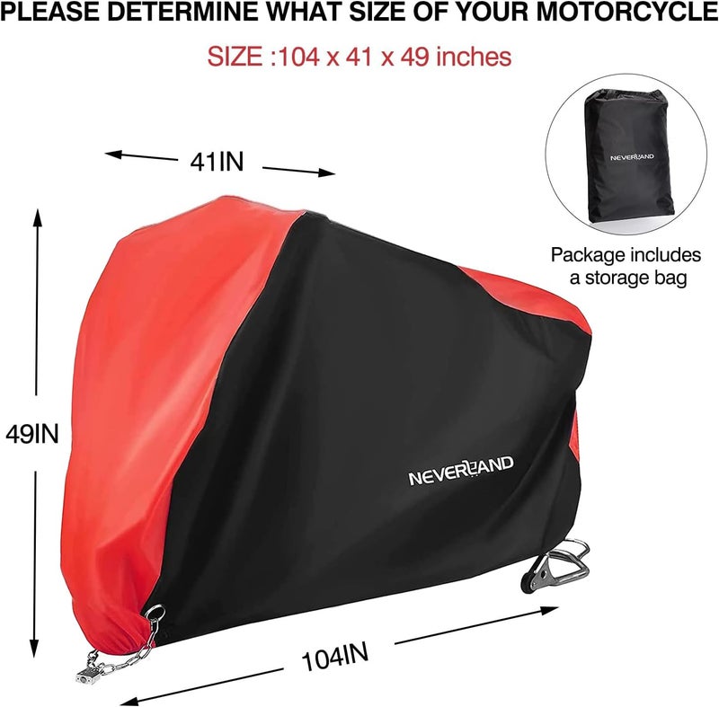 NEVERLAND Motorcycle Cover Waterproof Outdoor - Motorbike Scooter Covers Heavy Duty Medium with Lock-Holes, Bandage, Storage Bag Compatible with Harley Davidson Kawasaki Yamaha Honda Grom (Up to 104”) - Image 2