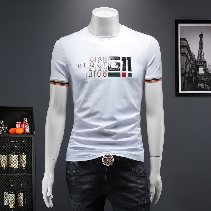 Trendy Brand European New Men'S Mercerized Cotton Men'S Letter Embroider Korean Style Slim Short-Sleeved T-Shirt For Men - Image 3