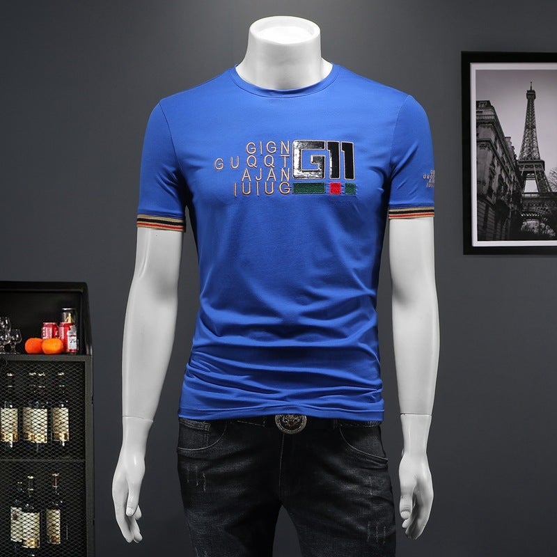 Trendy Brand European New Men'S Mercerized Cotton Men'S Letter Embroider Korean Style Slim Short-Sleeved T-Shirt For Men - Image 4
