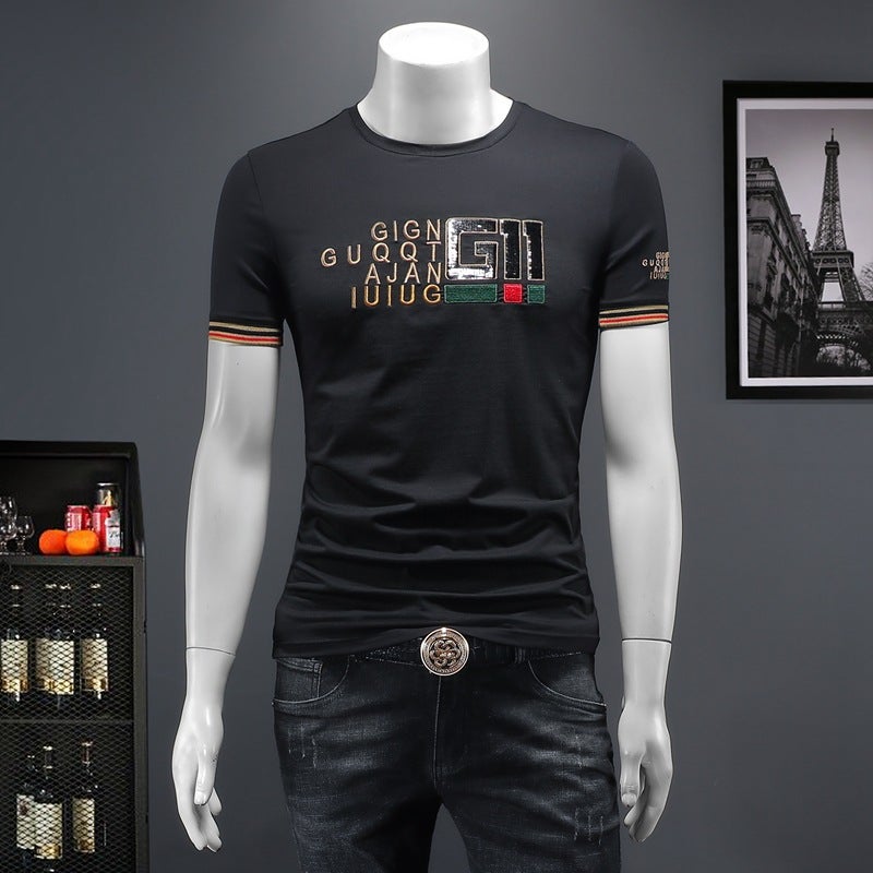 Trendy Brand European New Men'S Mercerized Cotton Men'S Letter Embroider Korean Style Slim Short-Sleeved T-Shirt For Men - Image 1