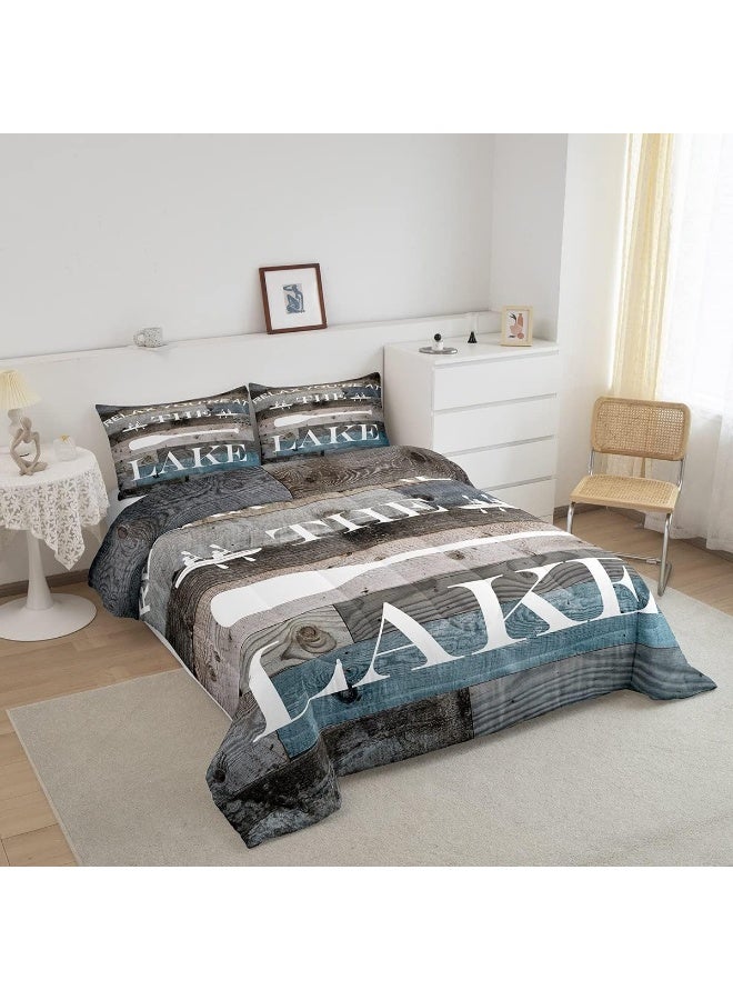 Homewish Lake House Comforter Set Rustic Farmhouse Bedding Set Queen Size Retro Wooden Blue Grey Quilt Set 3pcs Kids Adults Men Teens Cabin Room Decor, Lake Life White Cabin Bedspread, 2 Pillowcases  - Image 2