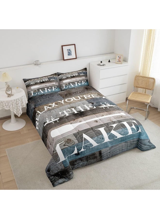 Homewish Lake House Comforter Set Rustic Farmhouse Bedding Set Queen Size Retro Wooden Blue Grey Quilt Set 3pcs Kids Adults Men Teens Cabin Room Decor, Lake Life White Cabin Bedspread, 2 Pillowcases  - Image 3