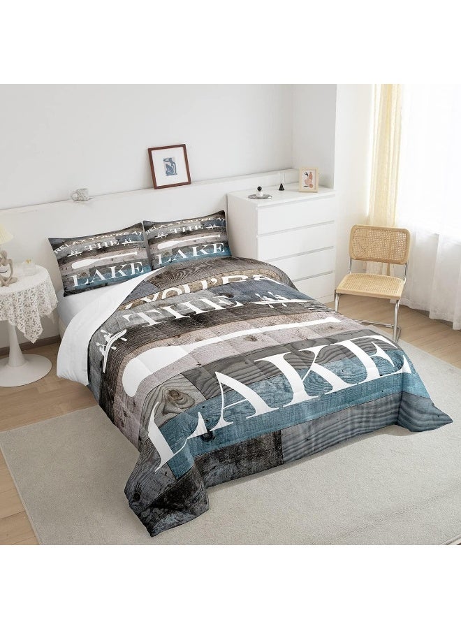 Homewish Lake House Comforter Set Rustic Farmhouse Bedding Set Queen Size Retro Wooden Blue Grey Quilt Set 3pcs Kids Adults Men Teens Cabin Room Decor, Lake Life White Cabin Bedspread, 2 Pillowcases  - Image 4