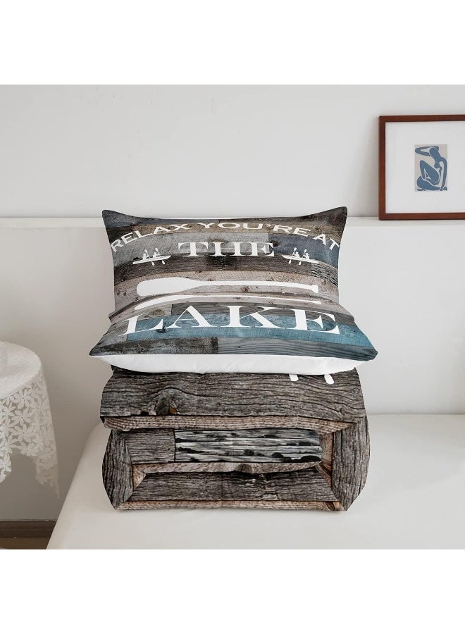 Homewish Lake House Comforter Set Rustic Farmhouse Bedding Set Queen Size Retro Wooden Blue Grey Quilt Set 3pcs Kids Adults Men Teens Cabin Room Decor, Lake Life White Cabin Bedspread, 2 Pillowcases  - Image 5