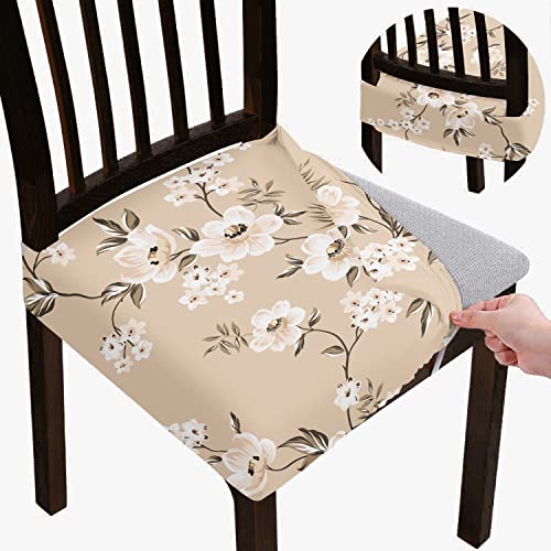 BRIDA Stretchable Floral Geometric Printed Dining Chair Seat Covers Elastic Chair Seat Case Protector, Slipcovers (Biege Flowers, 6 Seat Cover) - Image 1