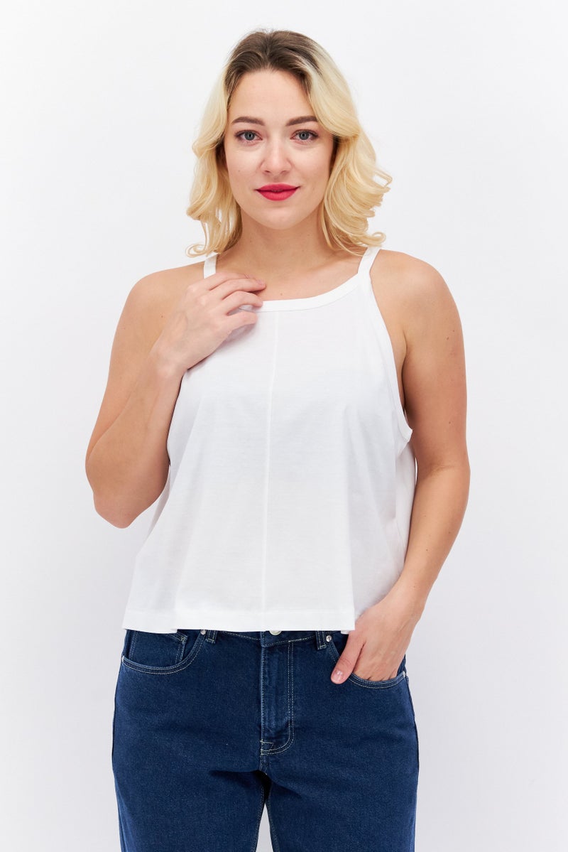 ESPRIT Women Round Neck Sleeveless Solid Tank Top, White  - Image 1