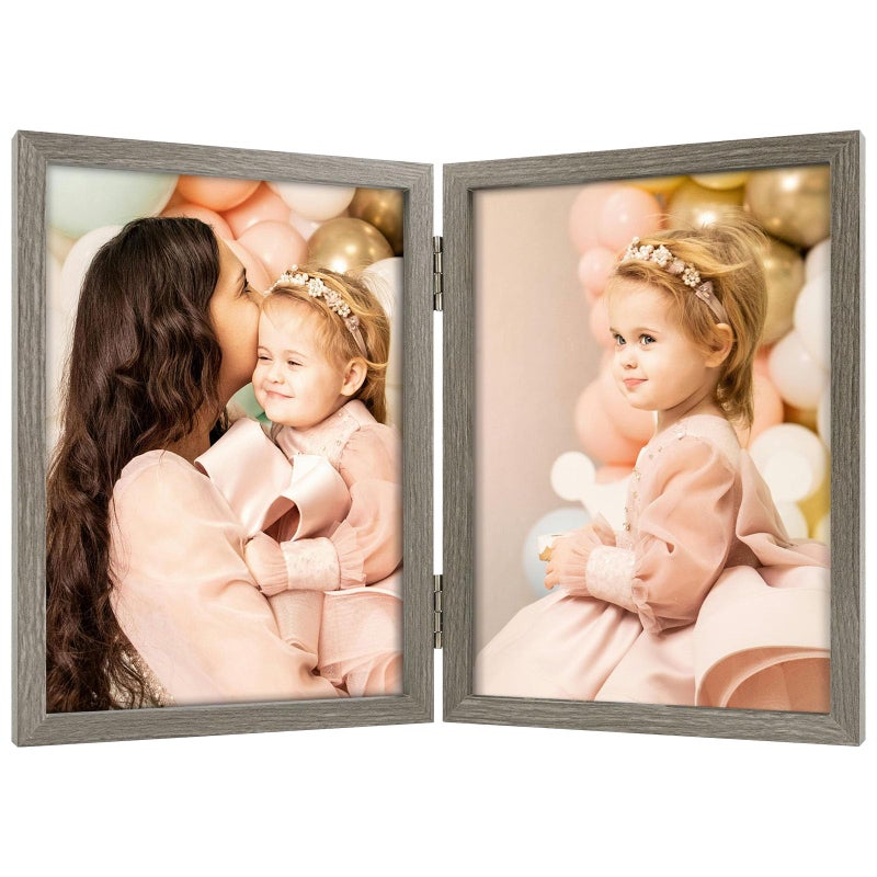 Space Art Deco 5x7 Double Hinged Frames  2 Folding Picture Frame  Stand Vertically on Desktop or Tabletop  Brownish Gray - Image 1