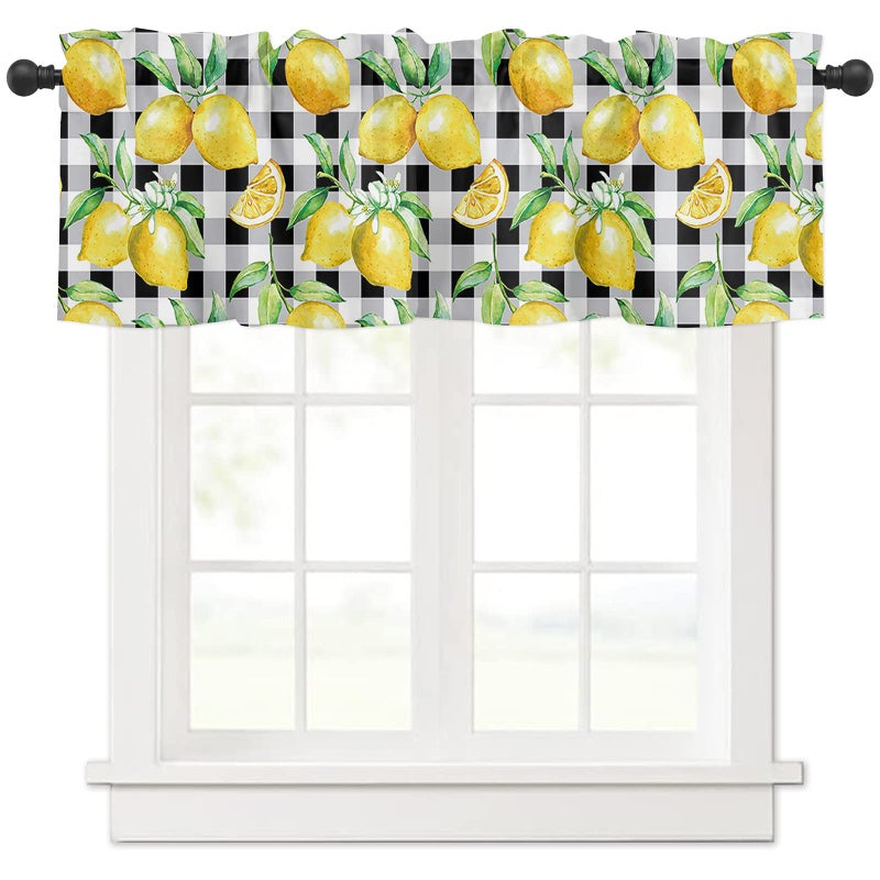 Watercolor Fresh Fruit Window Valance Rod Pocket Panel for Kitchen Bedroom Windows Yellow Lemon on Black Buffalo Check Plaid Valances Short Curtain Bathroom Treatment Drapes