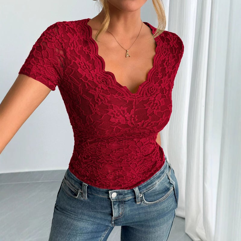 Women's Lace V-Neck Short Sleeve T-Shirt - Image 1