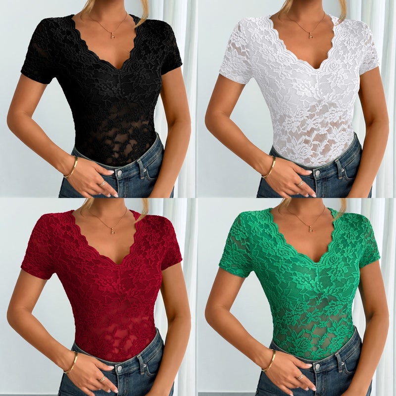 Women's Lace V-Neck Short Sleeve T-Shirt - Image 4