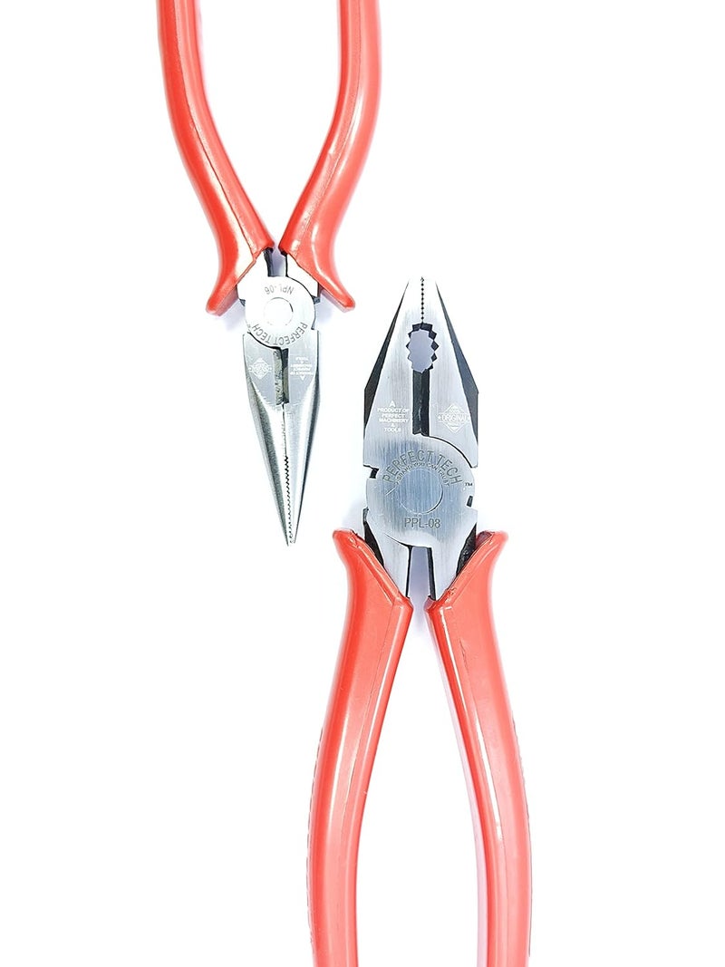 PERFECT TECH Combo 2 pcs Combination Cutting Plier 8 Inch | 6 Inch Long Nose Plier | Anti-Rust Properties For Gripping | Pliers Home Tool Kit | Holding & Cutting Wires| Hardware Tools (Silver & Red) - Image 2