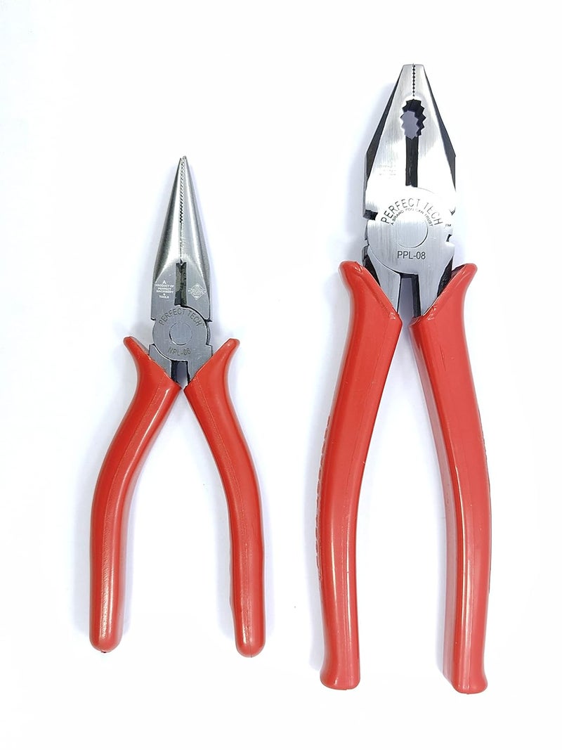 PERFECT TECH Combo 2 pcs Combination Cutting Plier 8 Inch | 6 Inch Long Nose Plier | Anti-Rust Properties For Gripping | Pliers Home Tool Kit | Holding & Cutting Wires| Hardware Tools (Silver & Red) - Image 1