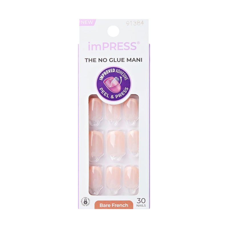 Impress KISS imPRESS No Glue Mani Press On Nails, French, 'Heroic', Light Neutral + White Tip French, Short Size, Squoval Shape, Includes 30 Nails, Prep Pad, Instructions Sheet, 1 Manicure Stick, 1 Mini File - Image 1