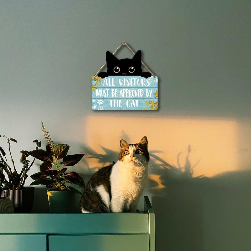 Ykfss Funny Cat Signs Cat Wall Decor Pet Door Hanging Decor All Visitors Must Be Approved By The Cat Sign Welcome Home Gifts Cat Decor For Cat Lovers Wood Sign Cats Wooden Plaque - Image 4