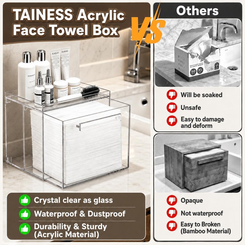 TAINESS Acrylic Disposable Face Towels Holder Compatible with Clean Skin Club Towel XL - Clear Storage Box Wall-Mounted Cosmetic & Skin Care Organizer with Drawer for Bathroom Vanity - Image 2