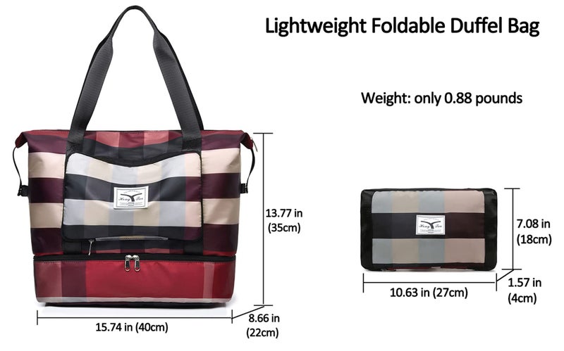 NWLR New Foldable Dry/Wet Separation Travel Duffel Bag with Shoe Compartment Large Capacity Folding Weekender Overnight Bag Lightweight Waterproof Gym Tote Bag (B-Red) - Image 3