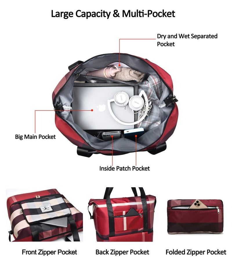 NWLR New Foldable Dry/Wet Separation Travel Duffel Bag with Shoe Compartment Large Capacity Folding Weekender Overnight Bag Lightweight Waterproof Gym Tote Bag (B-Red) - Image 5
