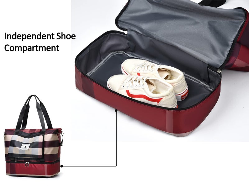 NWLR New Foldable Dry/Wet Separation Travel Duffel Bag with Shoe Compartment Large Capacity Folding Weekender Overnight Bag Lightweight Waterproof Gym Tote Bag (B-Red) - Image 4