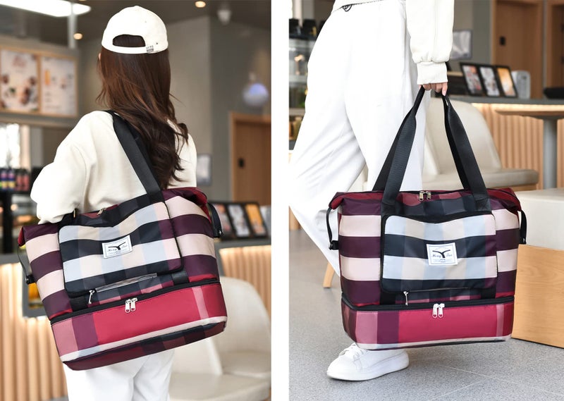 NWLR New Foldable Dry/Wet Separation Travel Duffel Bag with Shoe Compartment Large Capacity Folding Weekender Overnight Bag Lightweight Waterproof Gym Tote Bag (B-Red) - Image 2