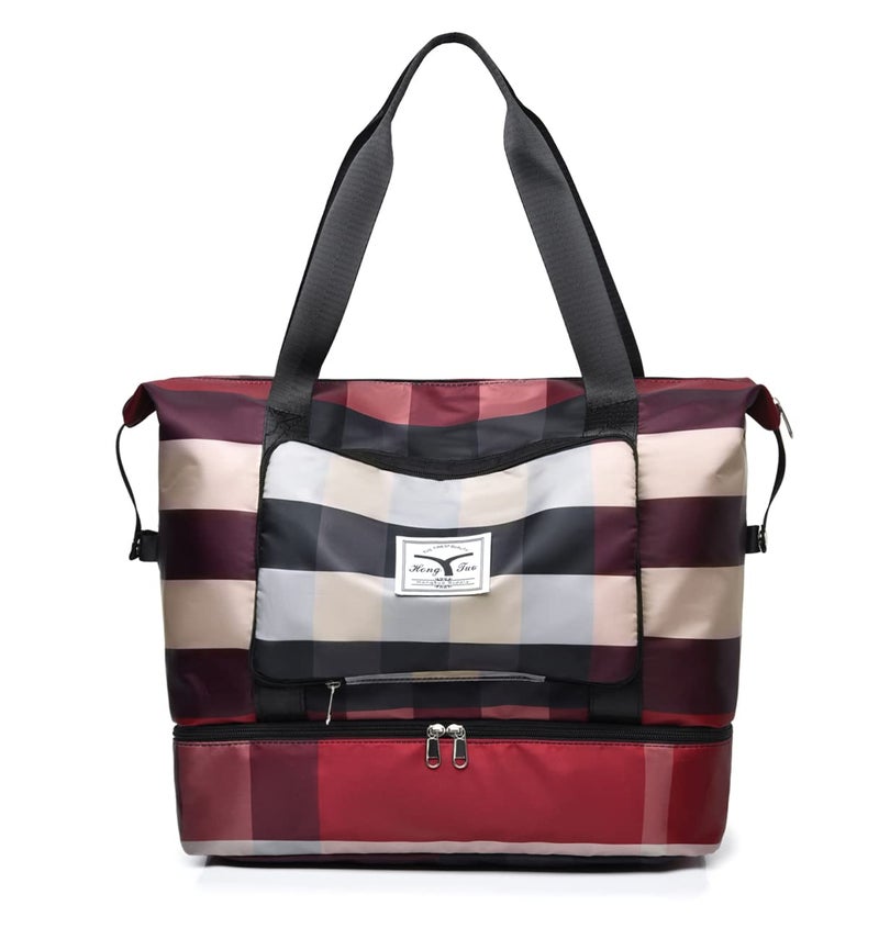 NWLR New Foldable Dry/Wet Separation Travel Duffel Bag with Shoe Compartment Large Capacity Folding Weekender Overnight Bag Lightweight Waterproof Gym Tote Bag (B-Red) - Image 1