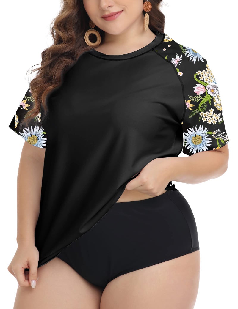 FOREYOND Plus Size Rash Guard Shirt for Women Short Sleeve UPF 50+ Sun Protection Swimwear Swim Suits Top, Black Floral, 5XL - Image 1