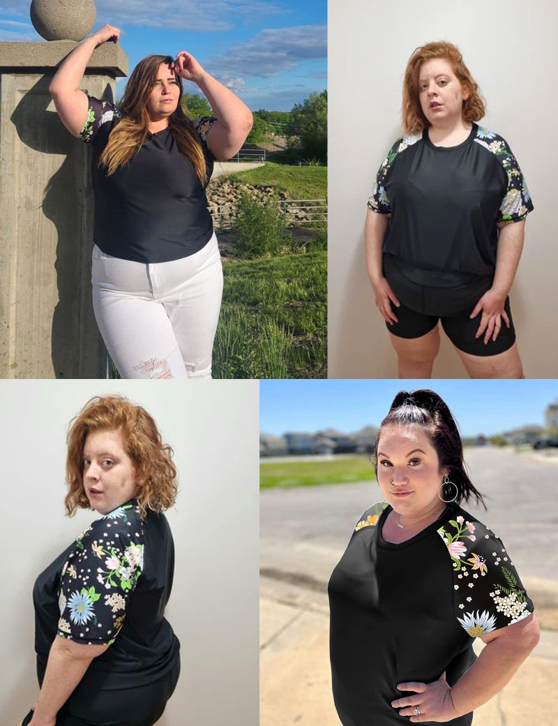 FOREYOND Plus Size Rash Guard Shirt for Women Short Sleeve UPF 50+ Sun Protection Swimwear Swim Suits Top, Black Floral, 5XL - Image 4