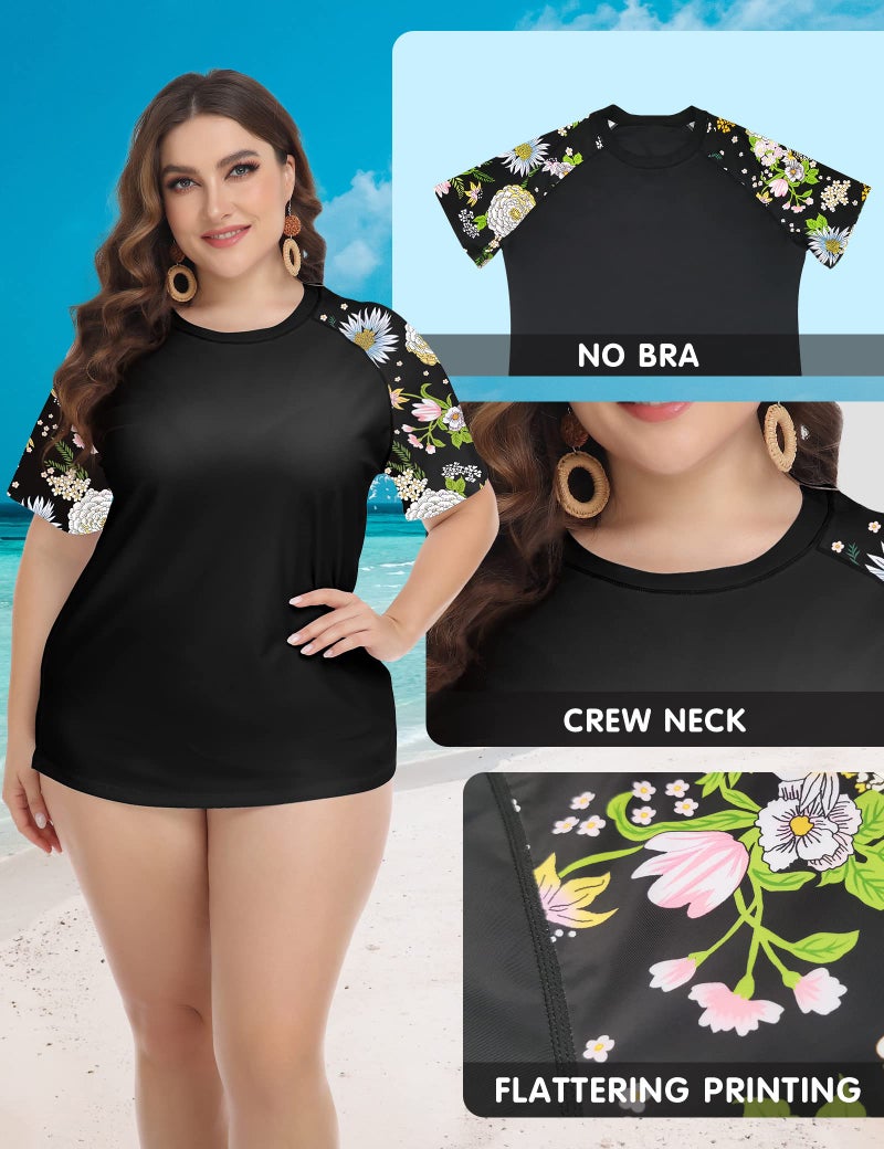 FOREYOND Plus Size Rash Guard Shirt for Women Short Sleeve UPF 50+ Sun Protection Swimwear Swim Suits Top, Black Floral, 5XL - Image 5