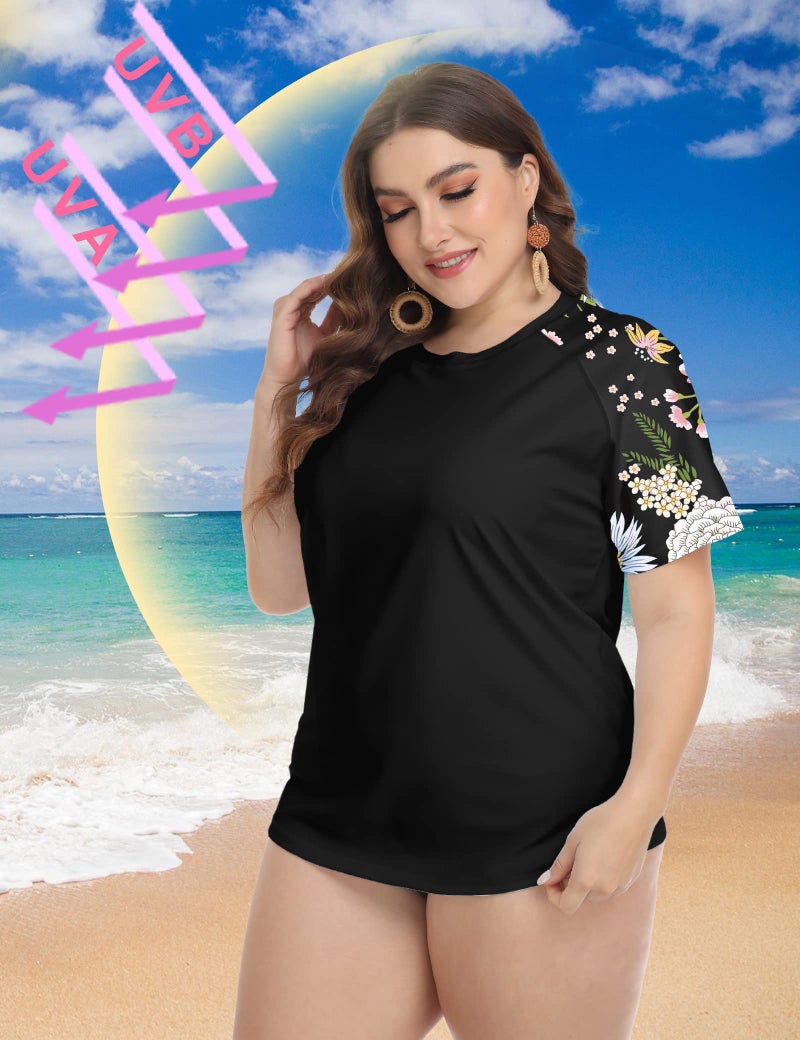 FOREYOND Plus Size Rash Guard Shirt for Women Short Sleeve UPF 50+ Sun Protection Swimwear Swim Suits Top, Black Floral, 5XL - Image 3
