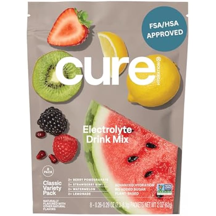 Cure Hydration | Plant-Based Electrolyte Drink Mix | No Added Sugar | FSA-HSA | Dehydration Relief Powder Made with Coconut Water | Non-GMO | Vegan | 8 Packets - Variety Pack - Image 1