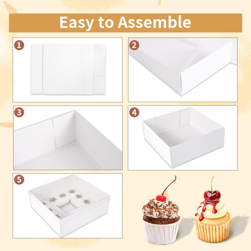 CHENZEM 24 Packs Bento Cake and Cupcake Box Fit 12 muffin Cupcakes and 1 Mini Cake Box with Clear Window and Stickers for Wedding Birthday Valentine'Day Party Baking Supplies (White, 1+12(24 Pack)) - Image 4