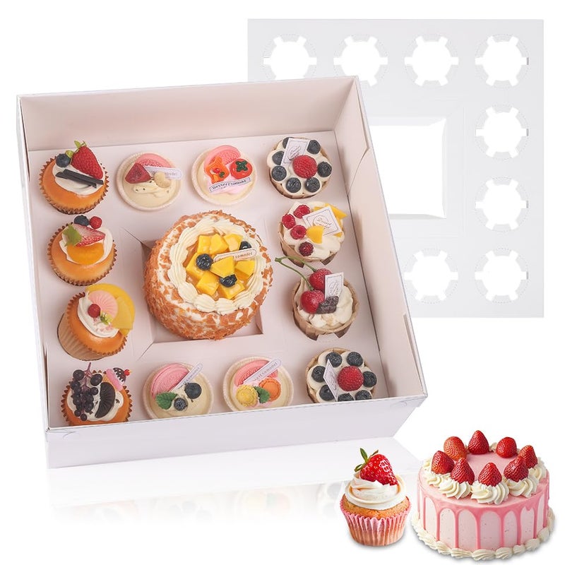 CHENZEM 24 Packs Bento Cake and Cupcake Box Fit 12 muffin Cupcakes and 1 Mini Cake Box with Clear Window and Stickers for Wedding Birthday Valentine'Day Party Baking Supplies (White, 1+12(24 Pack)) - Image 1