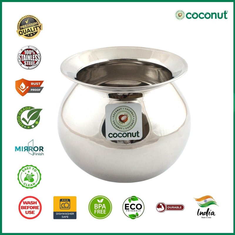 Coconut وعاء أرز من الفولاذ المقاوم للصدأ مع غطاء | وعاء غوندو بونغال | مصفاة أرز وطباخ متعدد الاستخدامات للغاز والحث | فولاذ ثقيل | فولاذ مقاوم للصدأ من الدرجة الغذائية | 13.5 سم | 1 لتر - Image 2