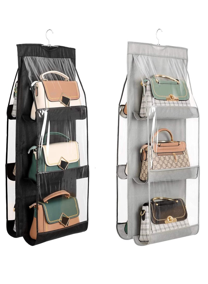 Hanging Handbag Organizer Set of 2 with 6 Pockets Washable Clear Storage Dust Proof for Women's Handbags in Black and Gray  - Image 1